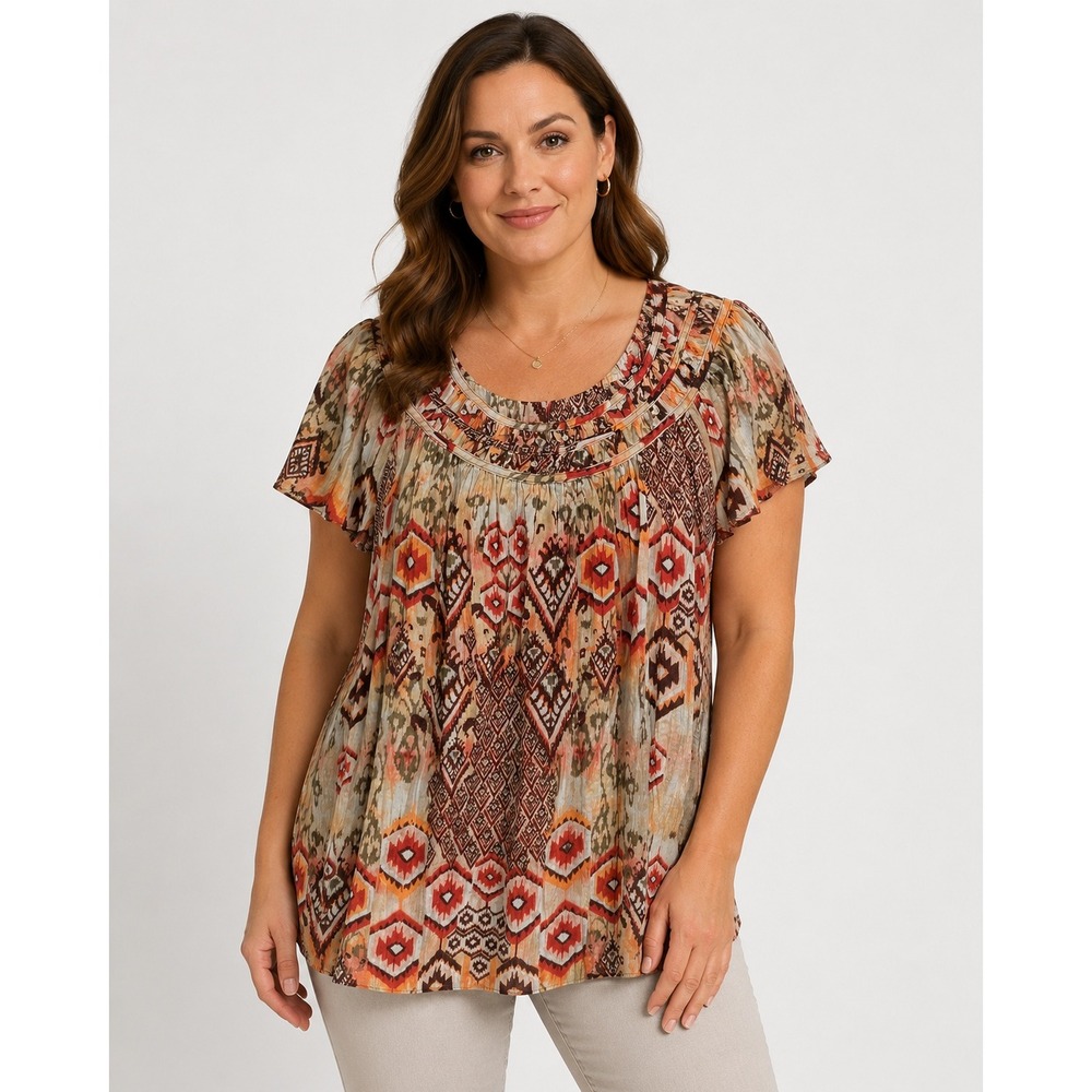 Art and‎ Soul Blouse XL Orange Brown Ikat Sequin Boho Short Sleeve Top